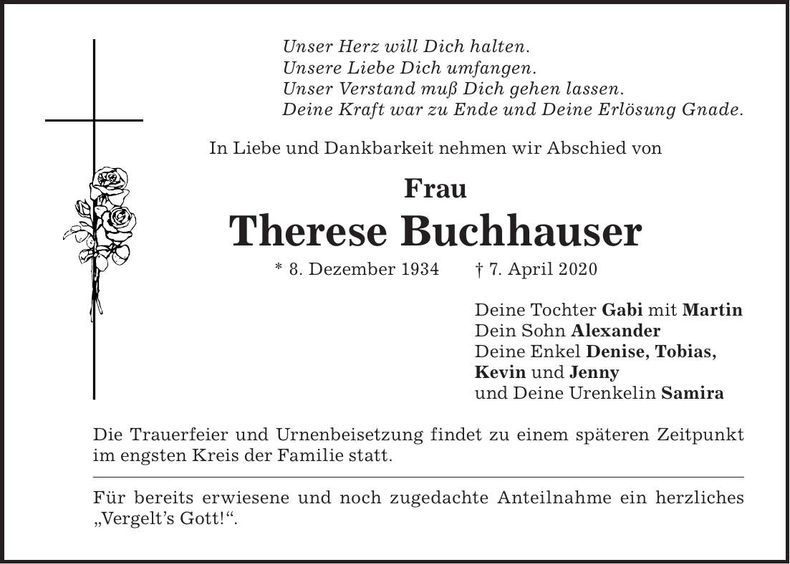 Traueranzeige Therese Buchhauser