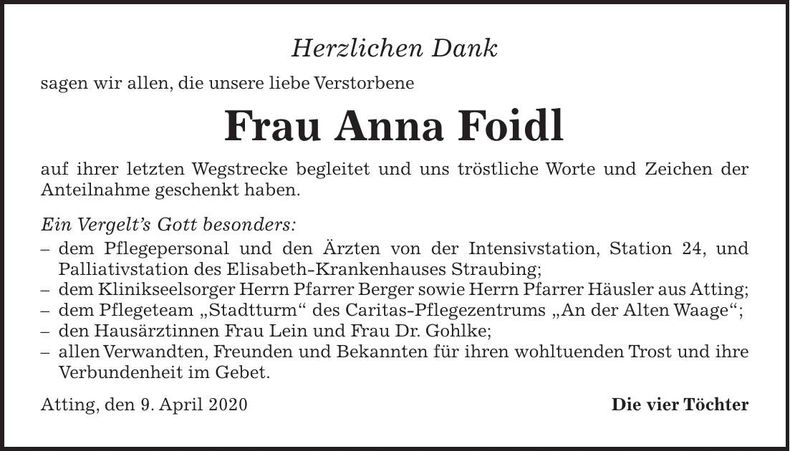 Traueranzeige Anna Foidl