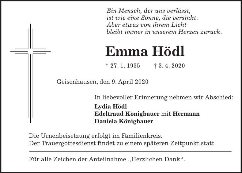 Traueranzeige Emma Hödl