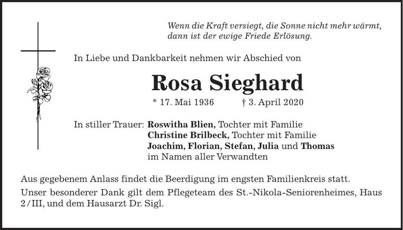 Traueranzeige Rosa Sieghard
