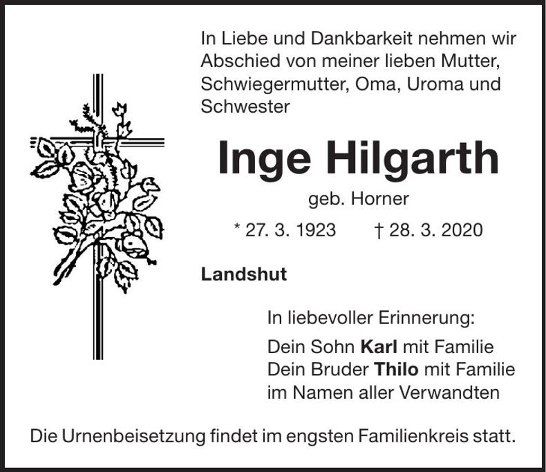 Traueranzeige Inge Hilgarth