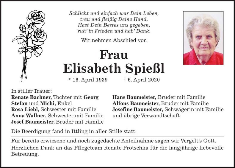 Traueranzeige Elisabeth Spießl