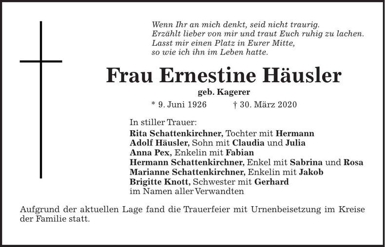 Traueranzeige Ernestine Häusler