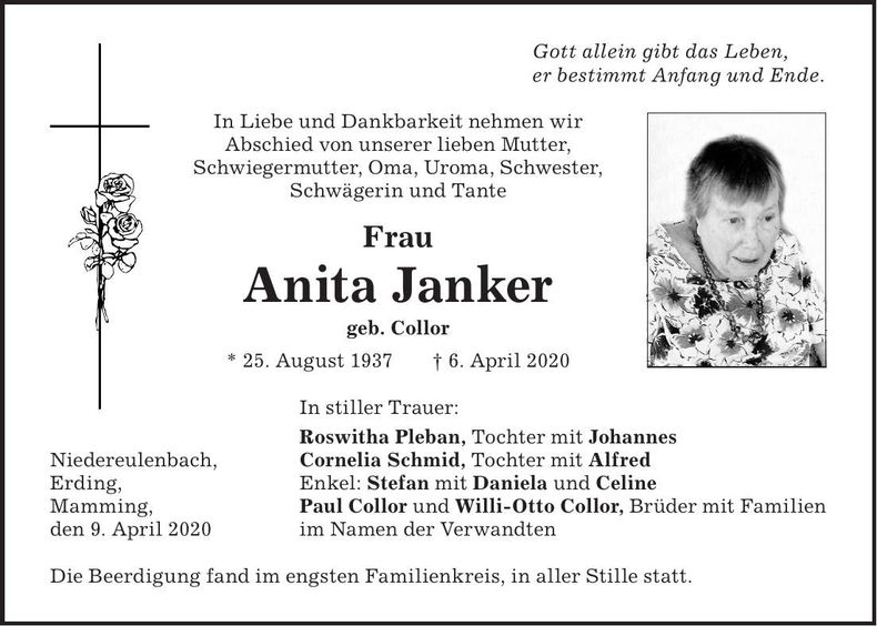 Traueranzeige Anita Janker