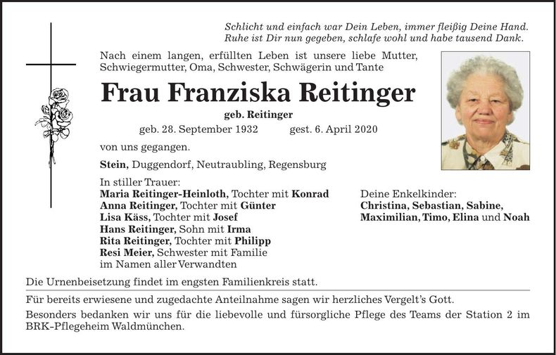 Traueranzeige Franziska Reitinger