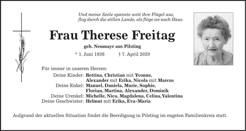 Traueranzeige Therese Freitag