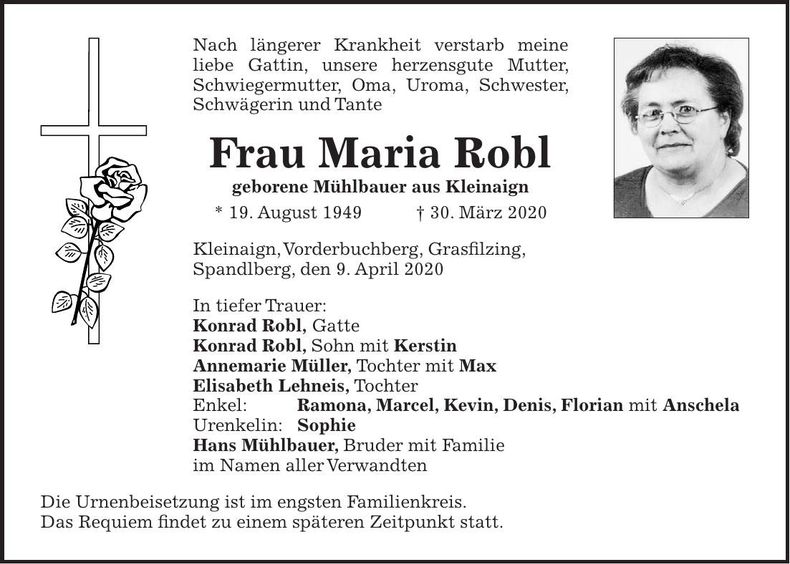 Traueranzeige Maria Robl