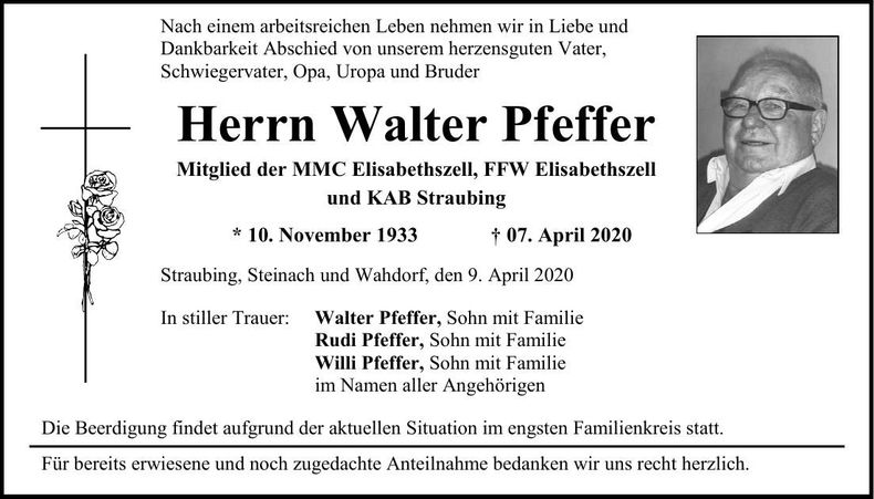 Traueranzeige Walter Pfeffer