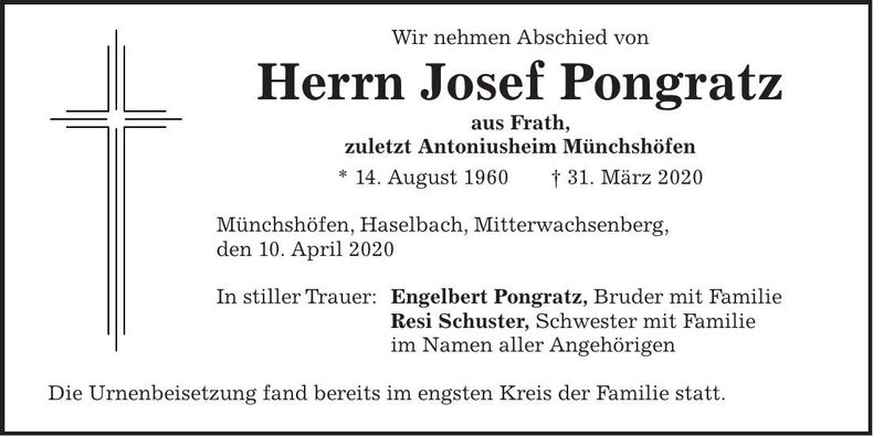 Traueranzeige Josef Prongratz