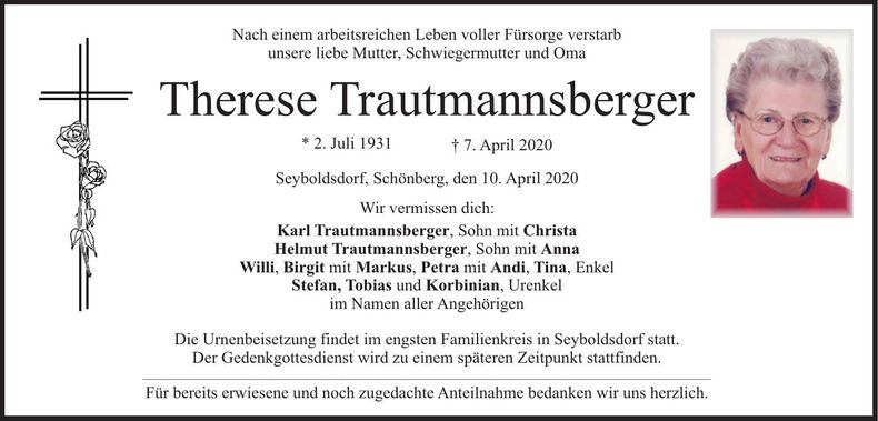 Traueranzeige Therese Trautmannsberger