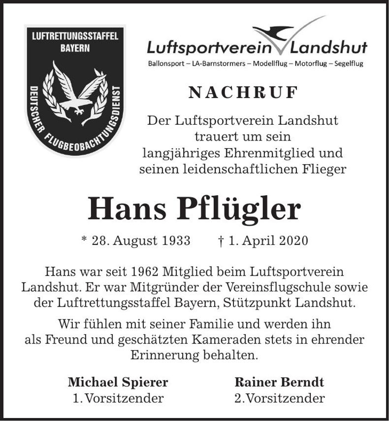 Traueranzeige Hans Pflügler
