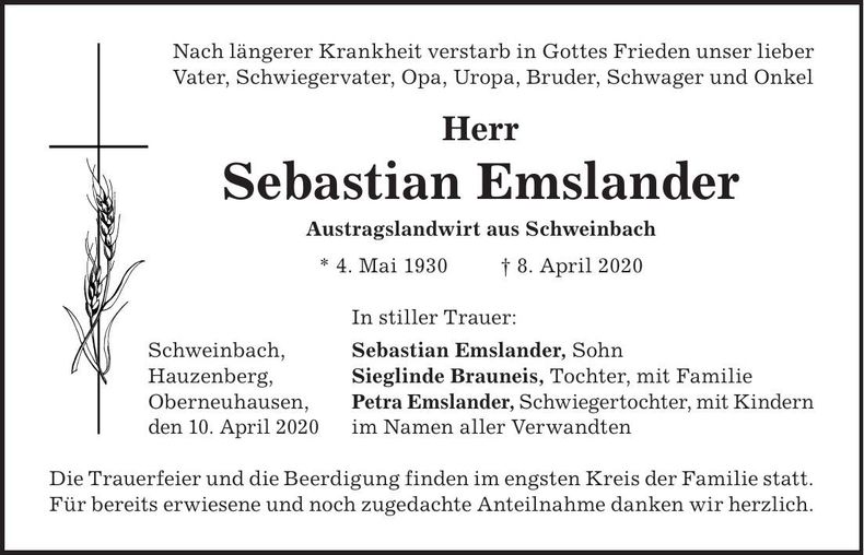 Traueranzeige Sebastian Emslander