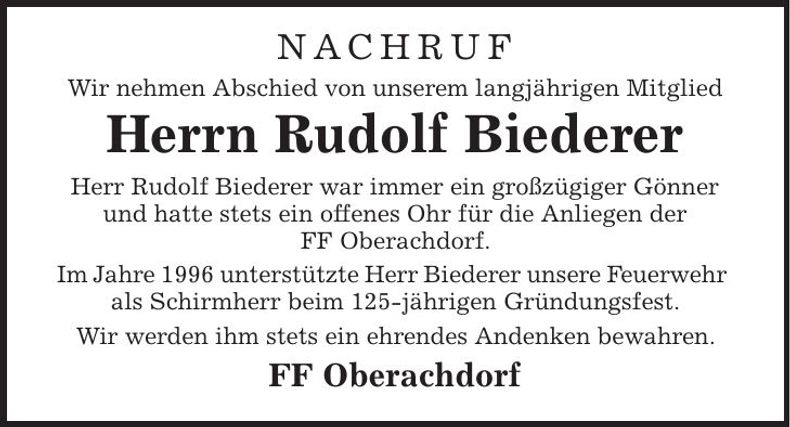 Traueranzeige Biederer Rudolf