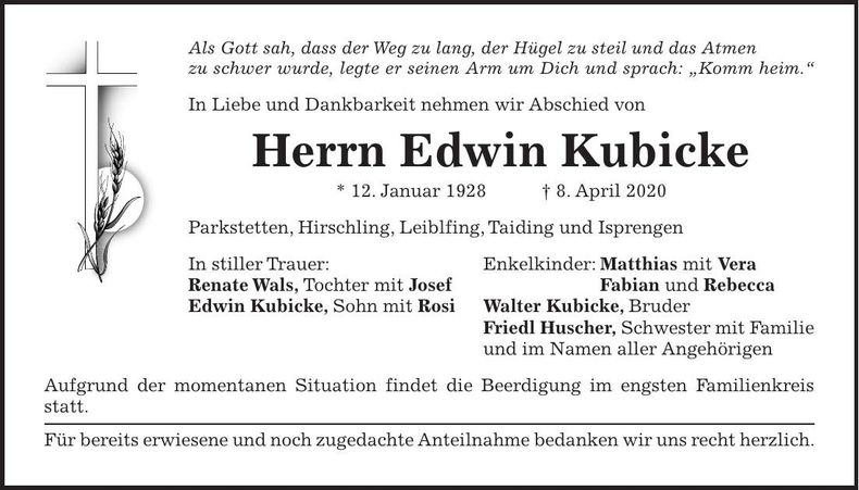 Traueranzeige Edwin Kubicke