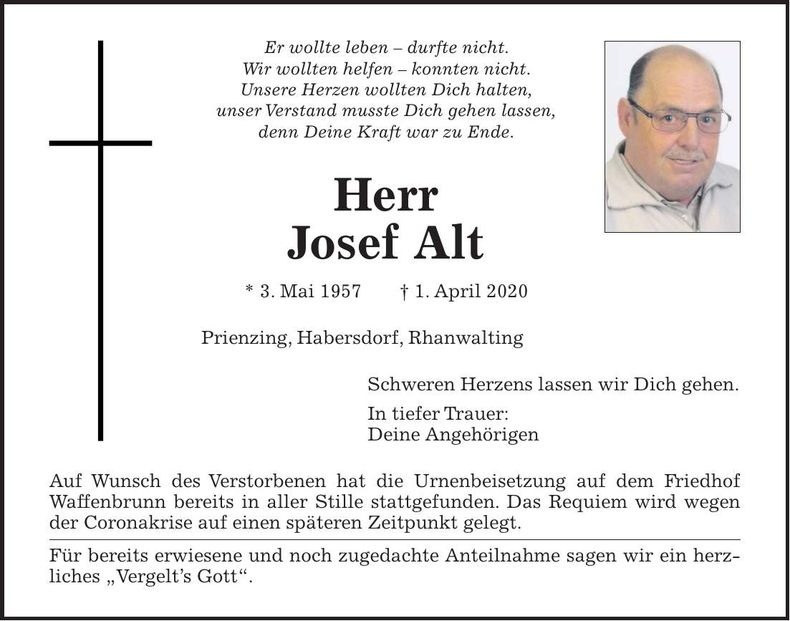 Traueranzeige Josef Alt
