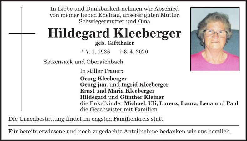 Traueranzeige Hildegard Kleeberger