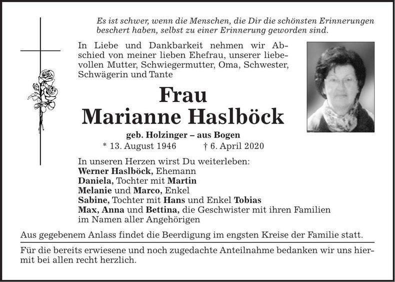 Traueranzeige Marianne Haslböck