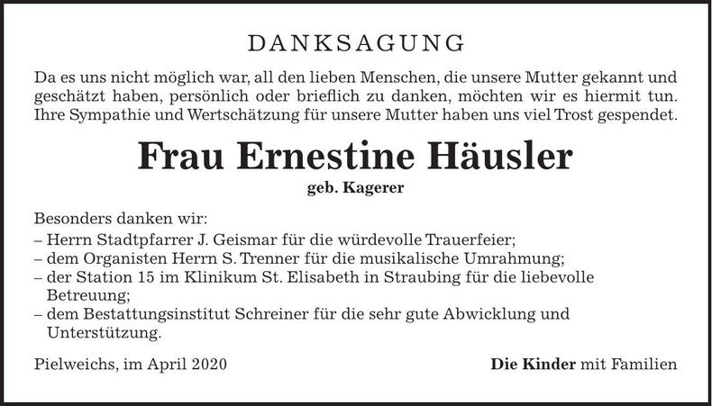 Traueranzeige Ernestine Häusler