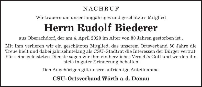 Traueranzeige Rudolf Biederer