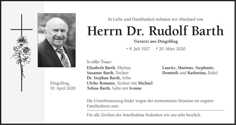 Traueranzeige Rudolf Barth