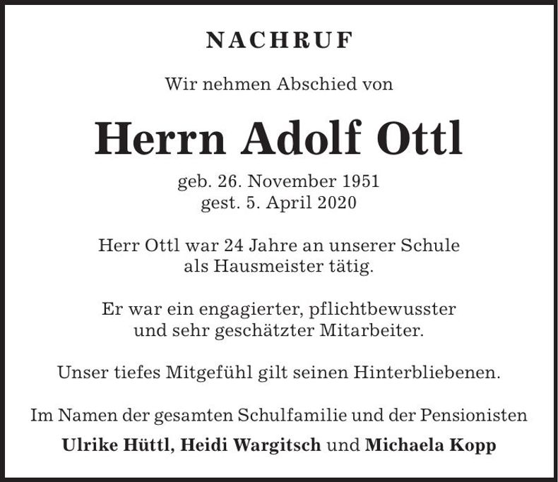 Traueranzeige Adolf Ottl