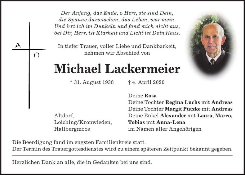 Traueranzeige Michael Lackermeier