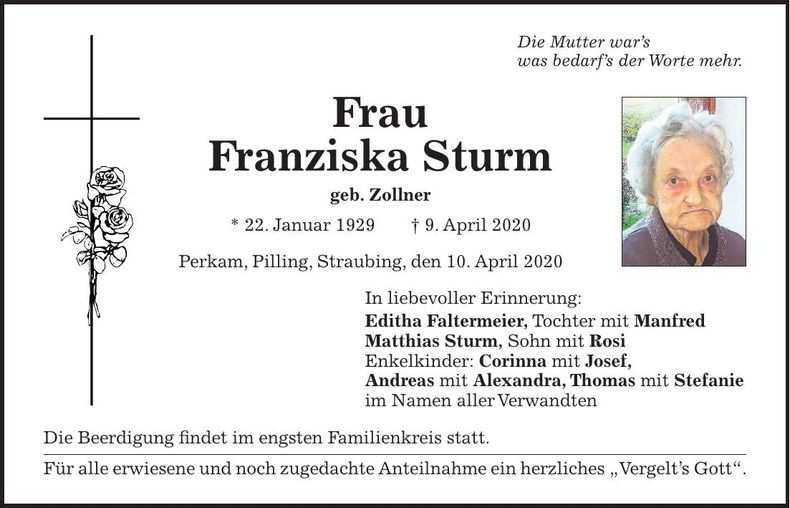 Traueranzeige Franziska Sturm