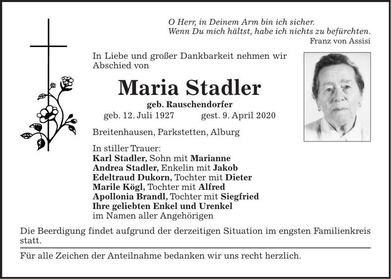Traueranzeige Maria Stadler
