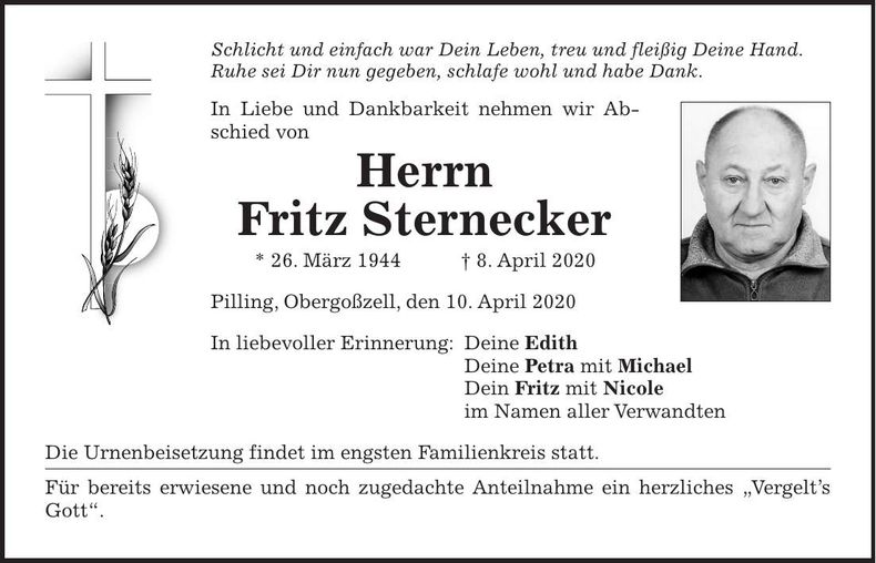 Traueranzeige Fritz Sternecker