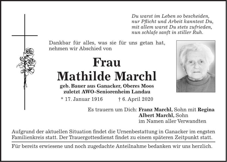 Traueranzeige Mathilde Marchl