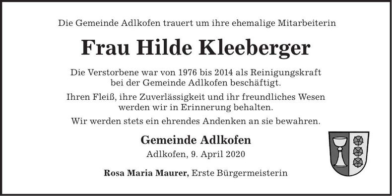 Traueranzeige Hilde Kleeberger