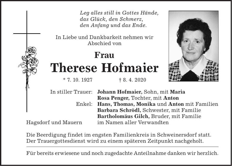 Traueranzeige Therese Hofmaier