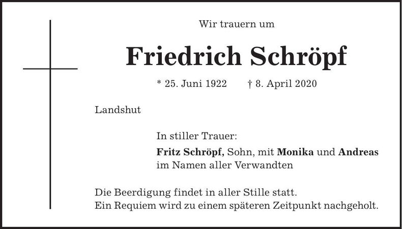 Traueranzeige Friedrich Schröpf