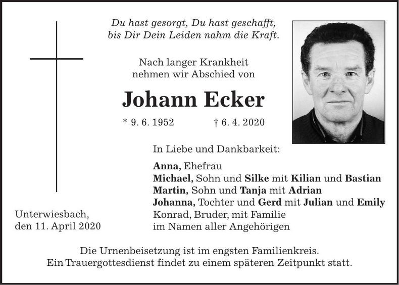 Traueranzeige Johann Ecker