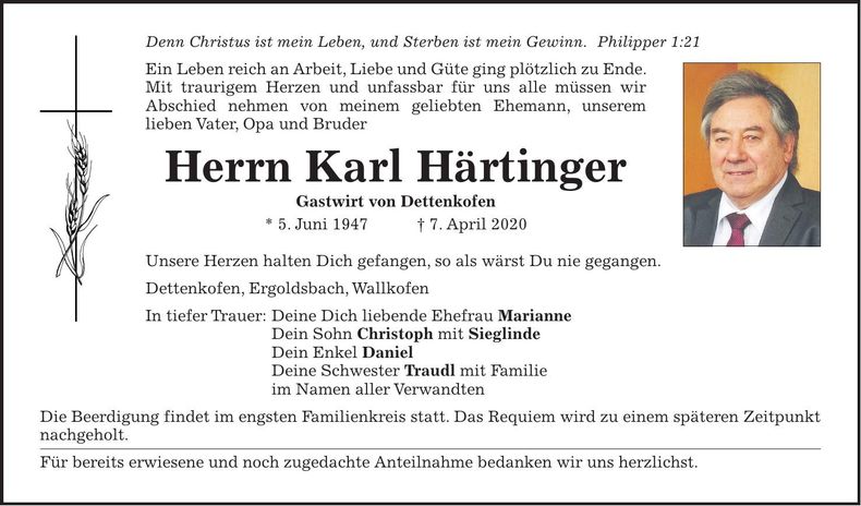 Traueranzeige Karl Härtinger
