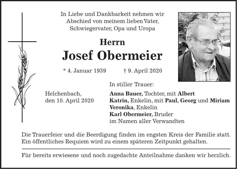 Traueranzeige Josef Obermeier