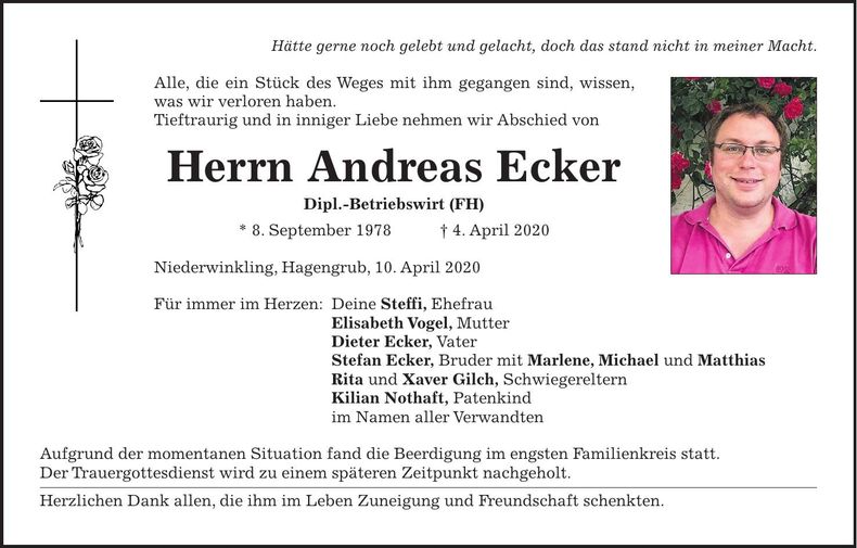 Traueranzeige Andreas Ecker