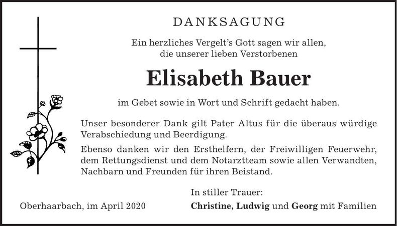 Traueranzeige Elisabeth Bauer