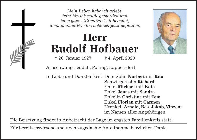Traueranzeige Rudolf Hofbauer