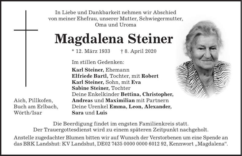 Traueranzeige Magdalena Steiner