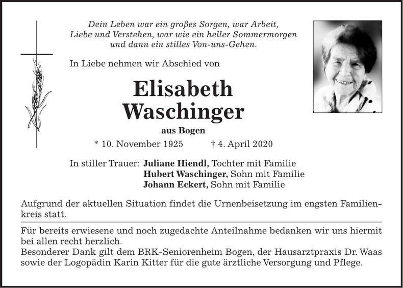Traueranzeige Elisabeth Waschinger
