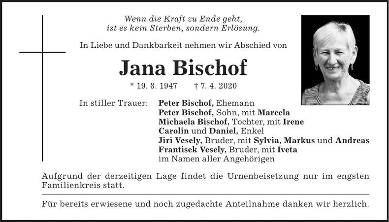 Traueranzeige Jana Bischof