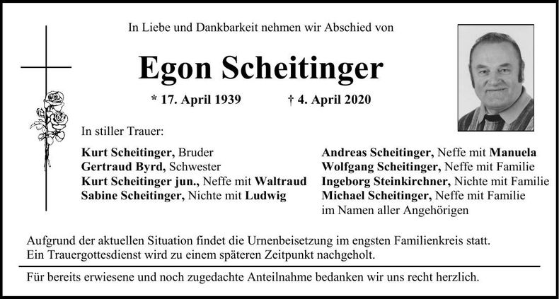 Traueranzeige Egon Scheitinger