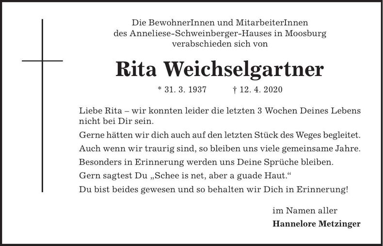 Traueranzeige Rita Weichselgartner