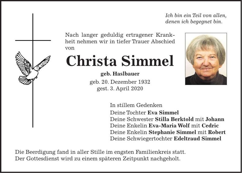 Traueranzeige Christa Simmel