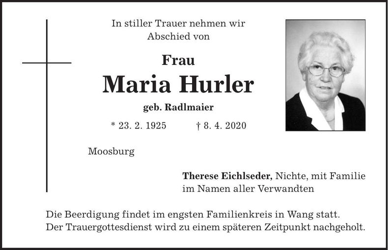 Traueranzeige Maria Hurler