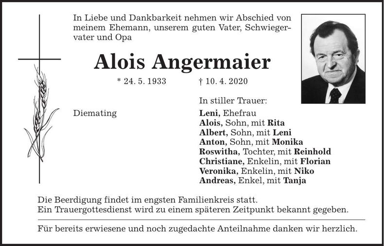 Traueranzeige Alois Angermaier