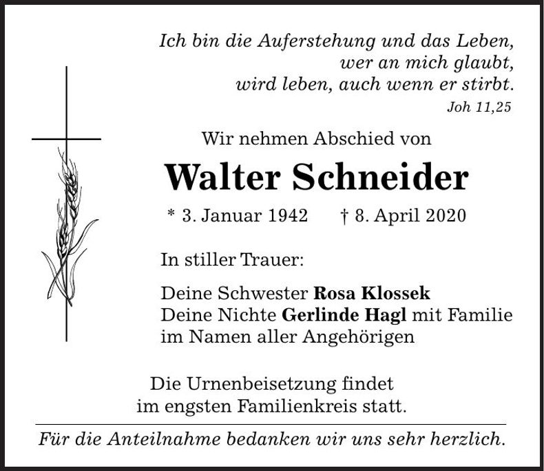 Traueranzeige Walter Schneider
