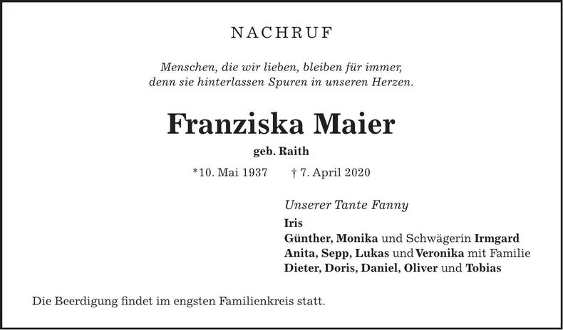 Traueranzeige Franziska Maier