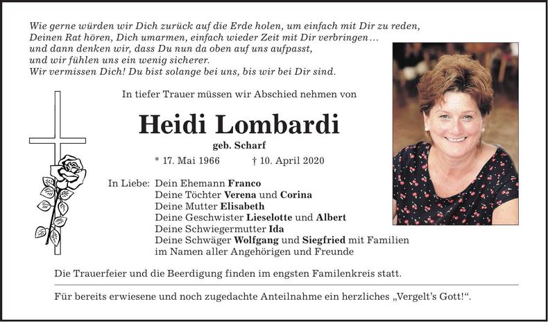 Traueranzeige Heidi Lombardi